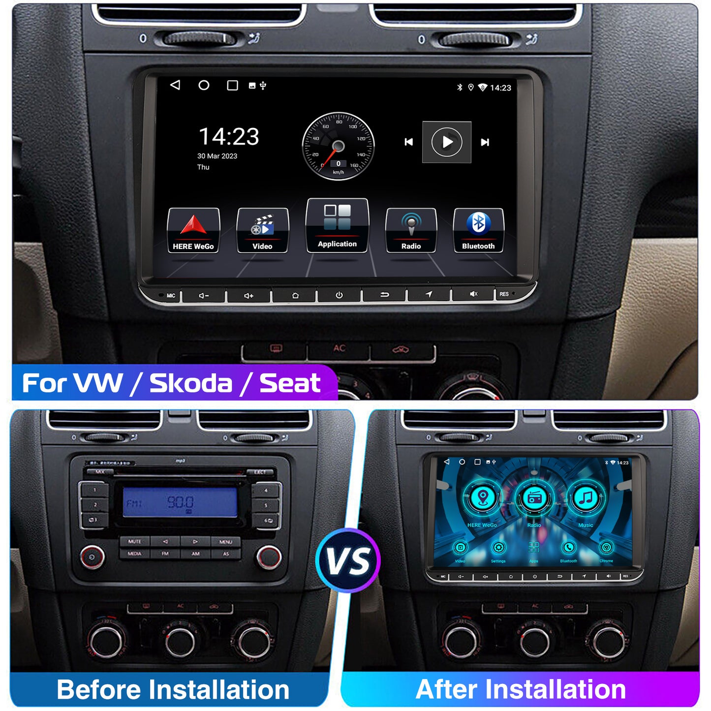 9" Android 14 4G+64G Wireless CarPlay Car Stereo GPS NAVI WIFI RDS FM BT EQ Passend für VW Golf 5/6, Passat, Polo, Touran, Tiguan, Caddy, EOS
