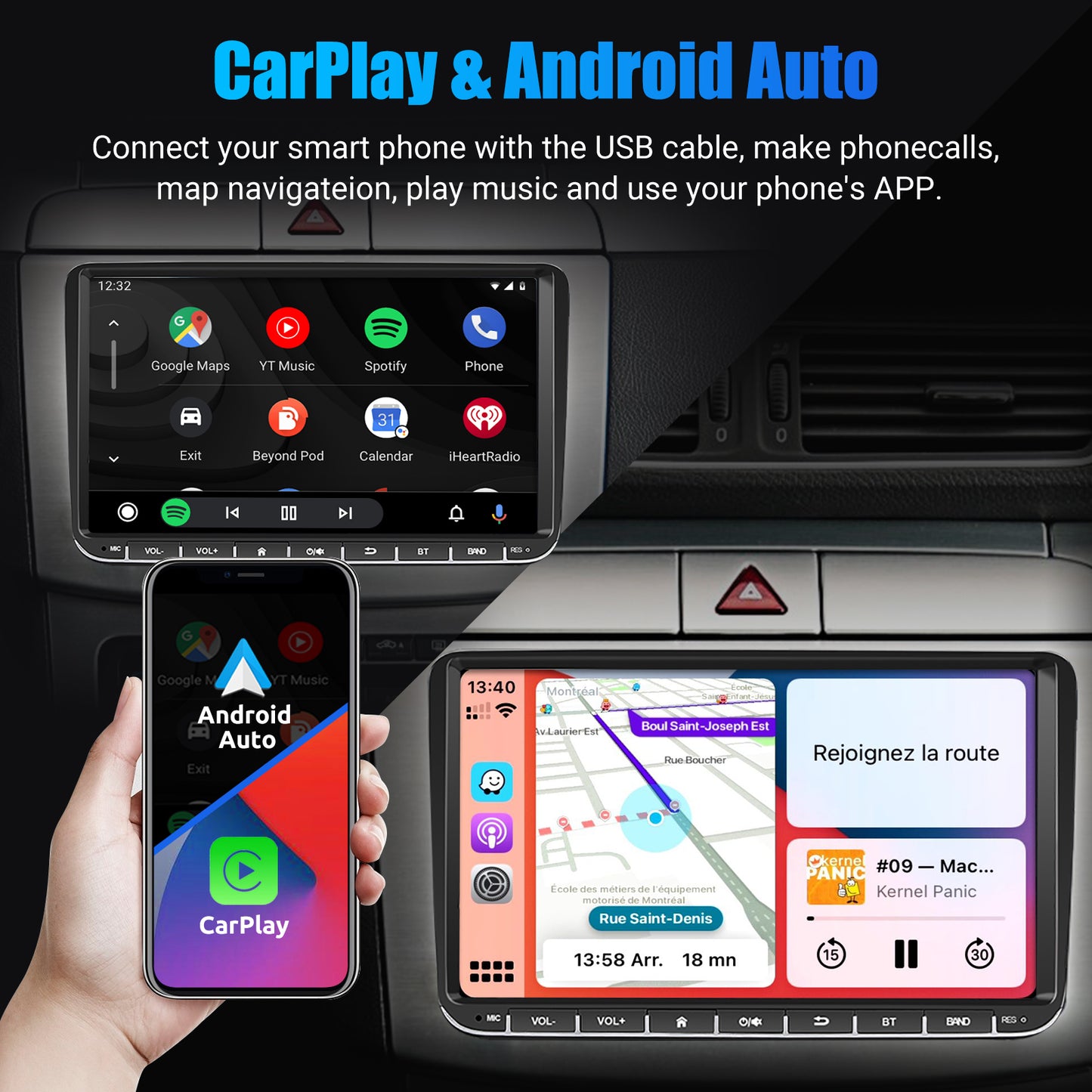 9" Android 14 4G+64G Wireless CarPlay Car Stereo GPS NAVI WIFI RDS FM BT EQ Passend für VW Golf 5/6, Passat, Polo, Touran, Tiguan, Caddy, EOS
