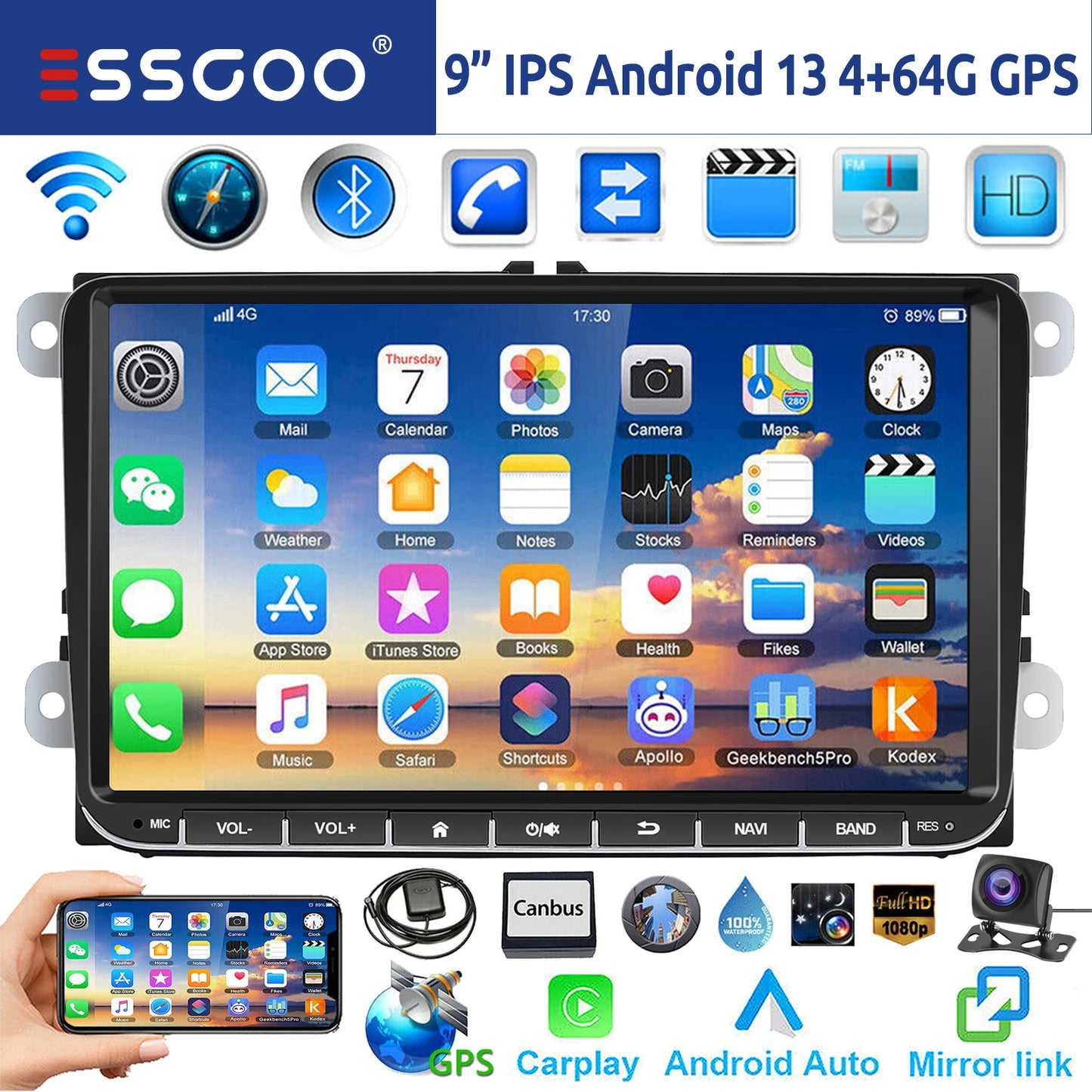 9" Android 14 4G+64G Wireless CarPlay Car Stereo GPS NAVI WIFI RDS FM BT EQ Passend für VW Golf 5/6, Passat, Polo, Touran, Tiguan, Caddy, EOS