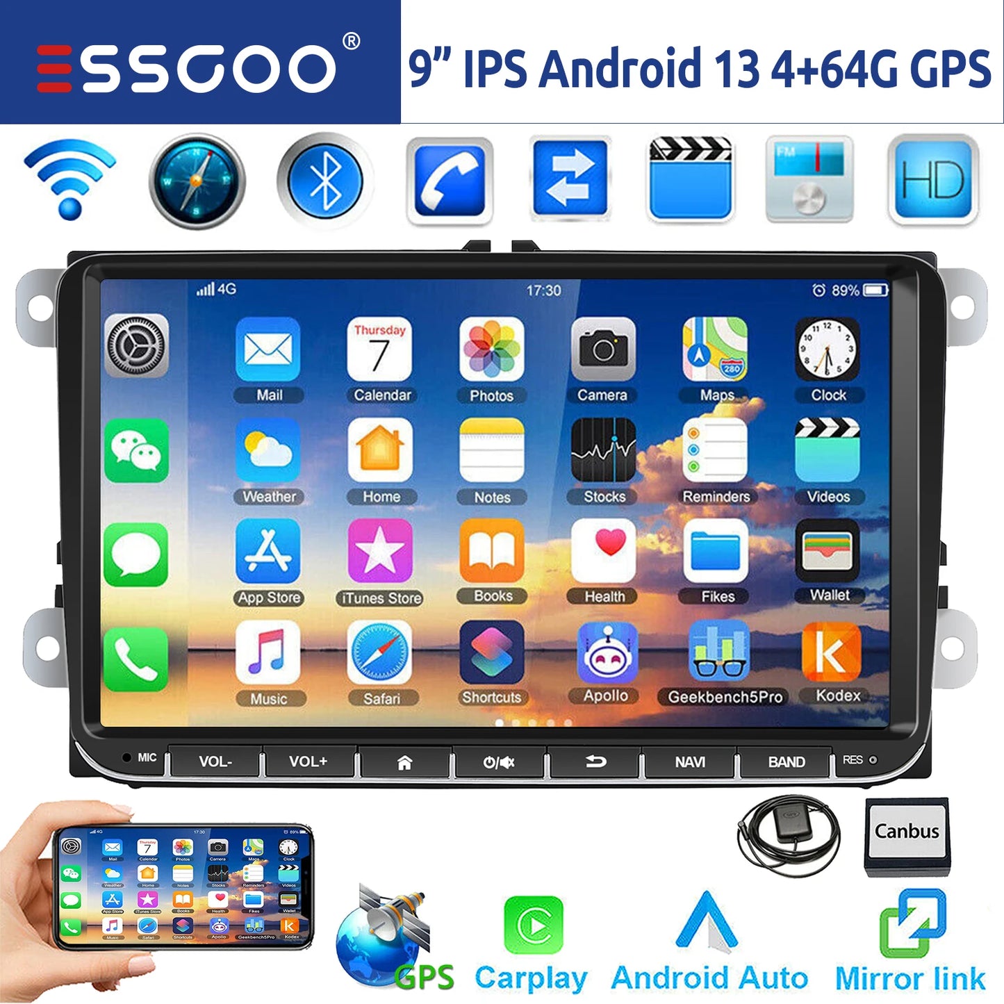 9" Android 14 4G+64G Wireless CarPlay Car Stereo GPS NAVI WIFI RDS FM BT EQ Passend für VW Golf 5/6, Passat, Polo, Touran, Tiguan, Caddy, EOS