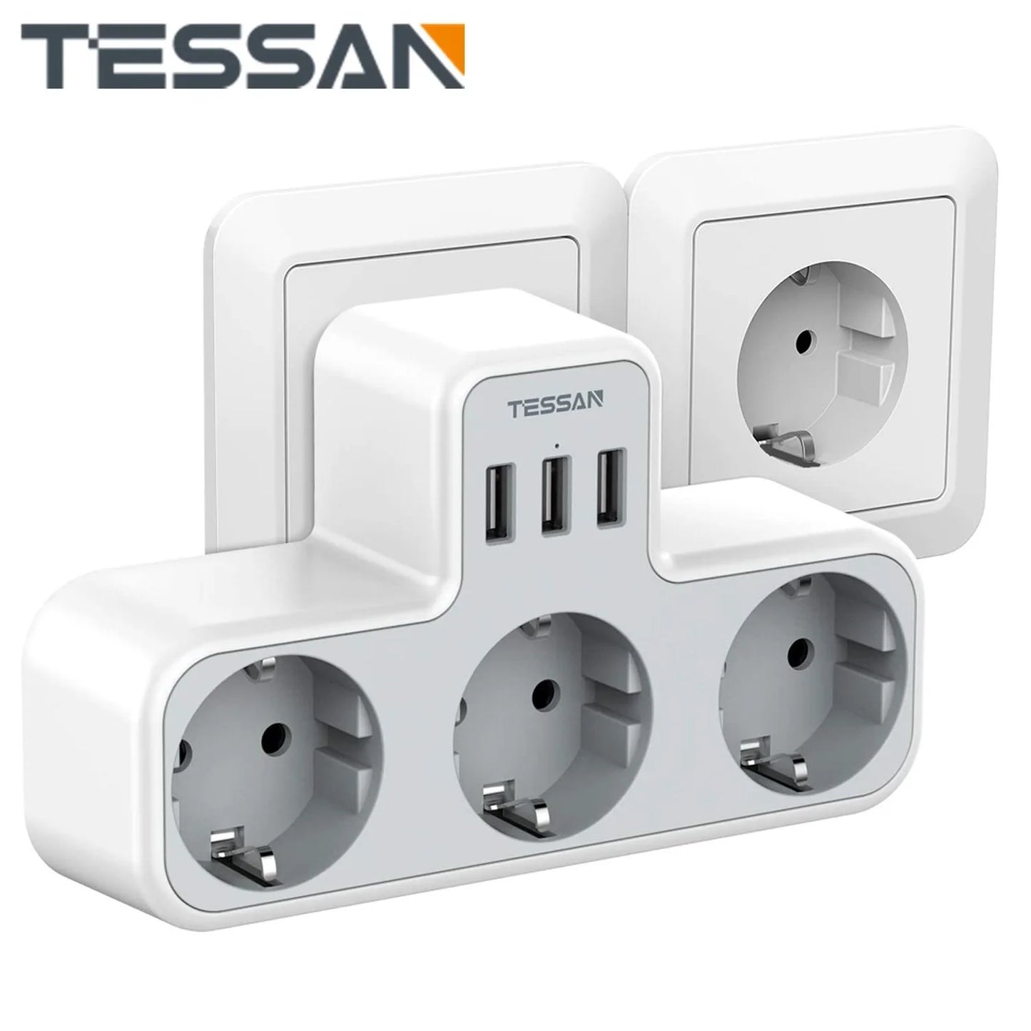 ESSAN EU Steckdosenleiste mit 3 Steckdosen + 3 USB-Ports – 6-in-1 Wandladeadapter mit Überlastschutz für Zuhause