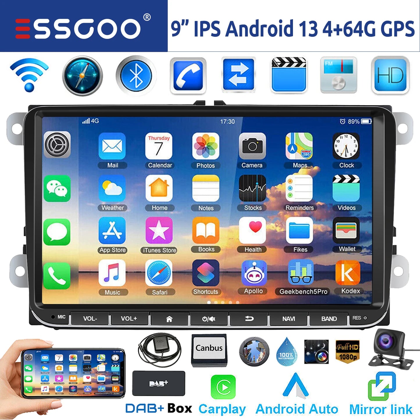 9" Android 14 4G+64G Wireless CarPlay Car Stereo GPS NAVI WIFI RDS FM BT EQ Passend für VW Golf 5/6, Passat, Polo, Touran, Tiguan, Caddy, EOS