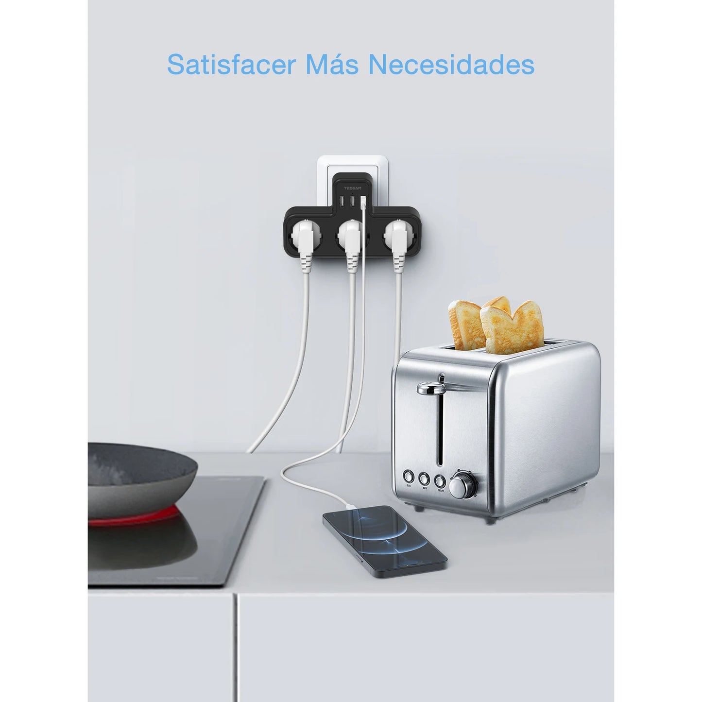 ESSAN EU Steckdosenleiste mit 3 Steckdosen + 3 USB-Ports – 6-in-1 Wandladeadapter mit Überlastschutz für Zuhause