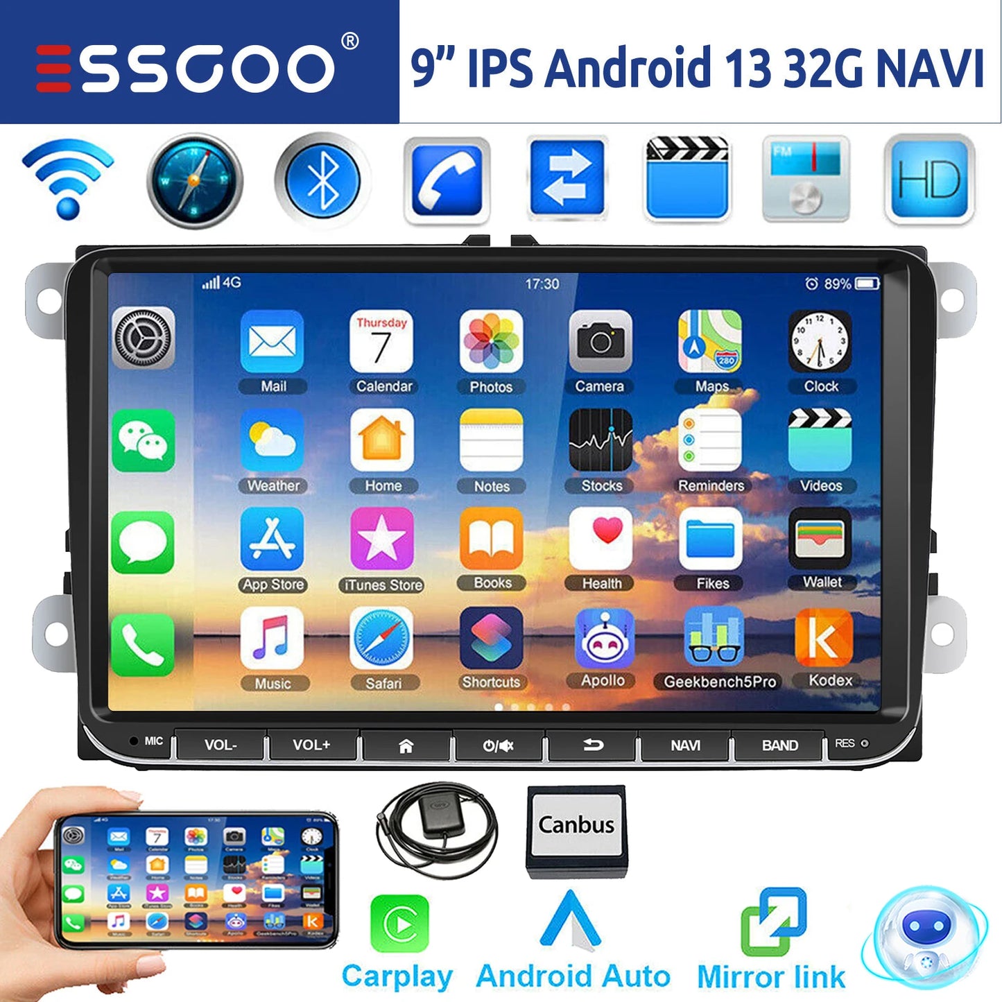 9" Android 14 4G+64G Wireless CarPlay Car Stereo GPS NAVI WIFI RDS FM BT EQ Passend für VW Golf 5/6, Passat, Polo, Touran, Tiguan, Caddy, EOS