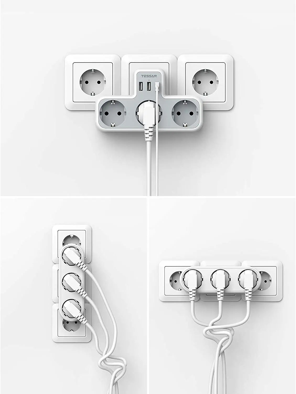 ESSAN EU Steckdosenleiste mit 3 Steckdosen + 3 USB-Ports – 6-in-1 Wandladeadapter mit Überlastschutz für Zuhause