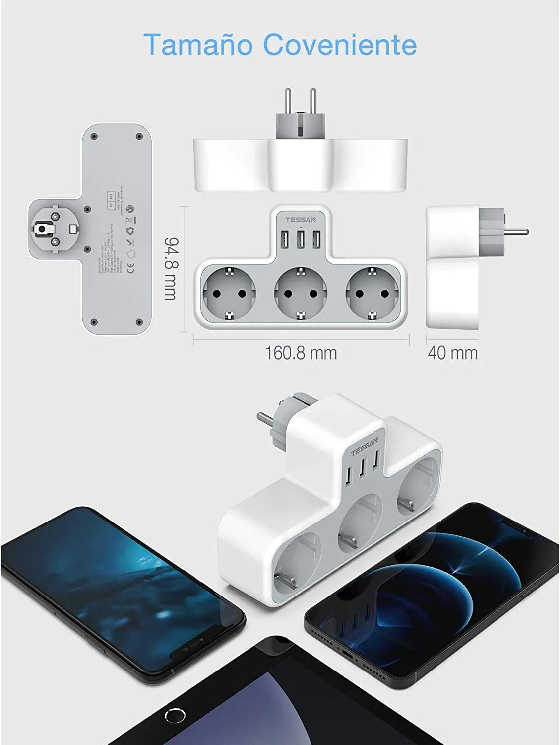 ESSAN EU Steckdosenleiste mit 3 Steckdosen + 3 USB-Ports – 6-in-1 Wandladeadapter mit Überlastschutz für Zuhause