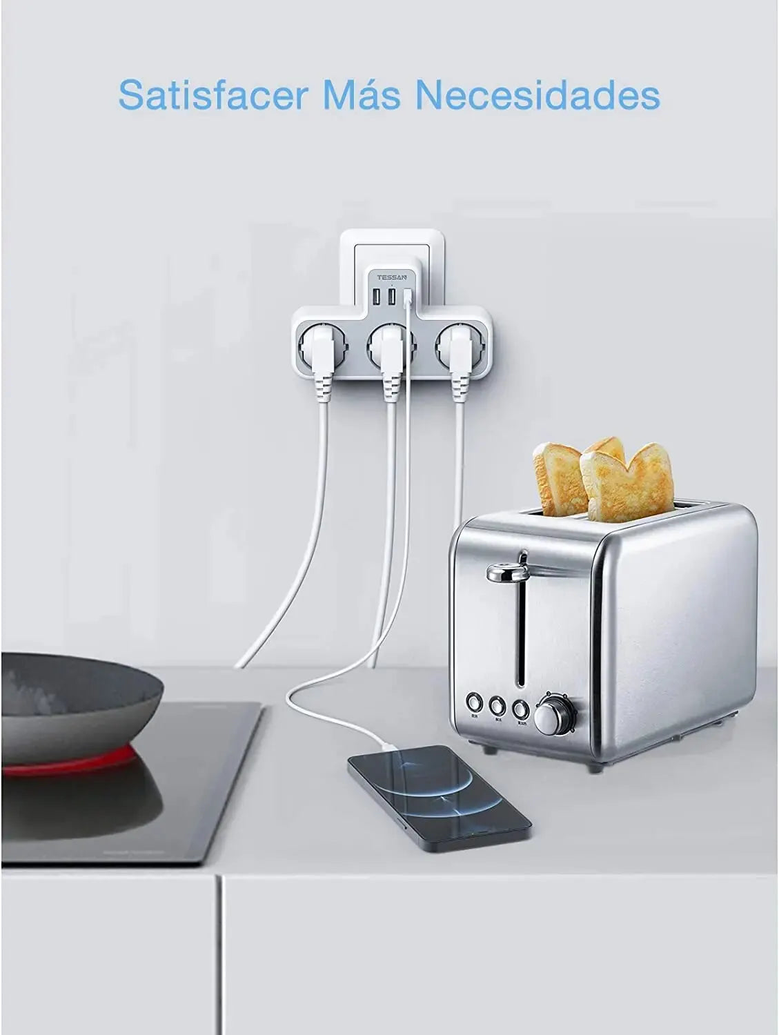 ESSAN EU Steckdosenleiste mit 3 Steckdosen + 3 USB-Ports – 6-in-1 Wandladeadapter mit Überlastschutz für Zuhause