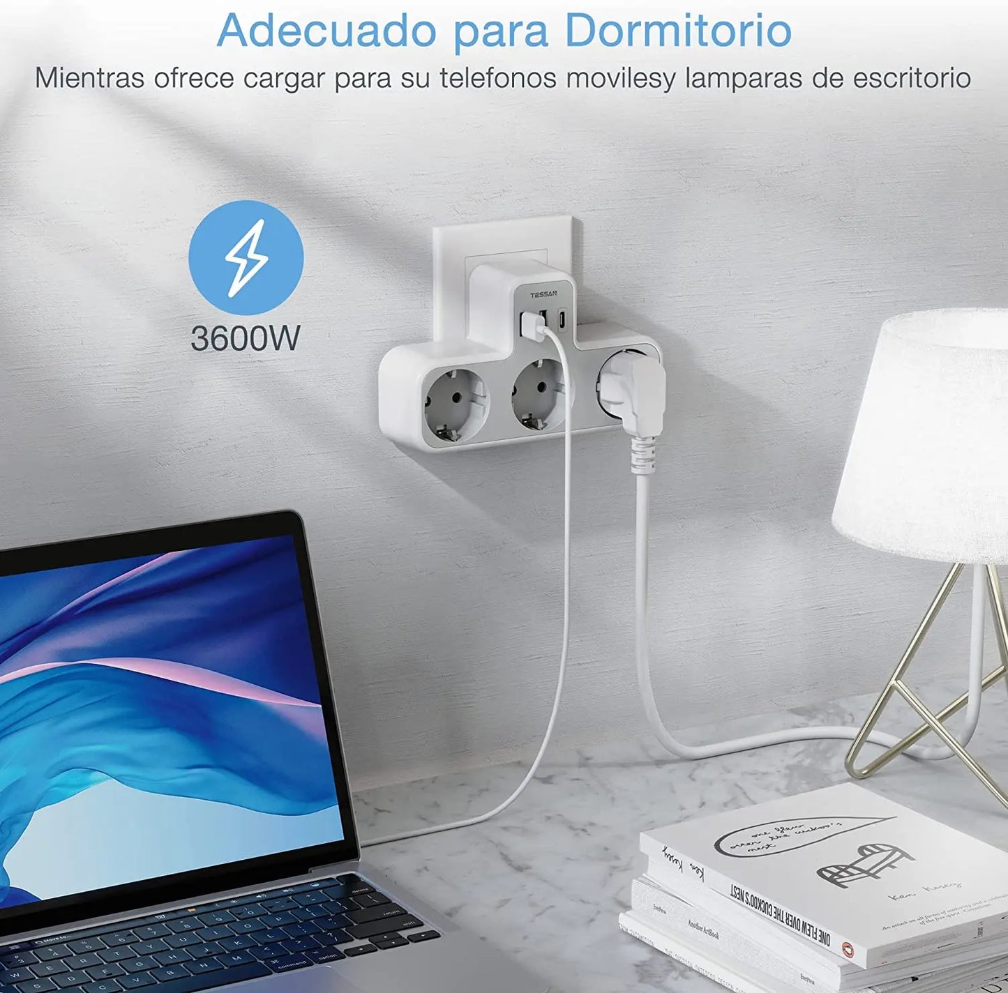 ESSAN EU Steckdosenleiste mit 3 Steckdosen + 3 USB-Ports – 6-in-1 Wandladeadapter mit Überlastschutz für Zuhause
