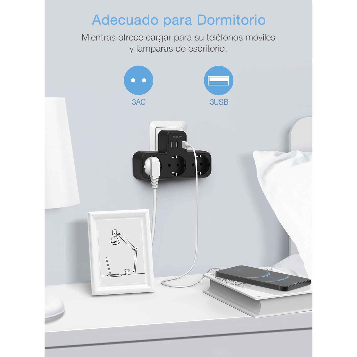 ESSAN EU Steckdosenleiste mit 3 Steckdosen + 3 USB-Ports – 6-in-1 Wandladeadapter mit Überlastschutz für Zuhause