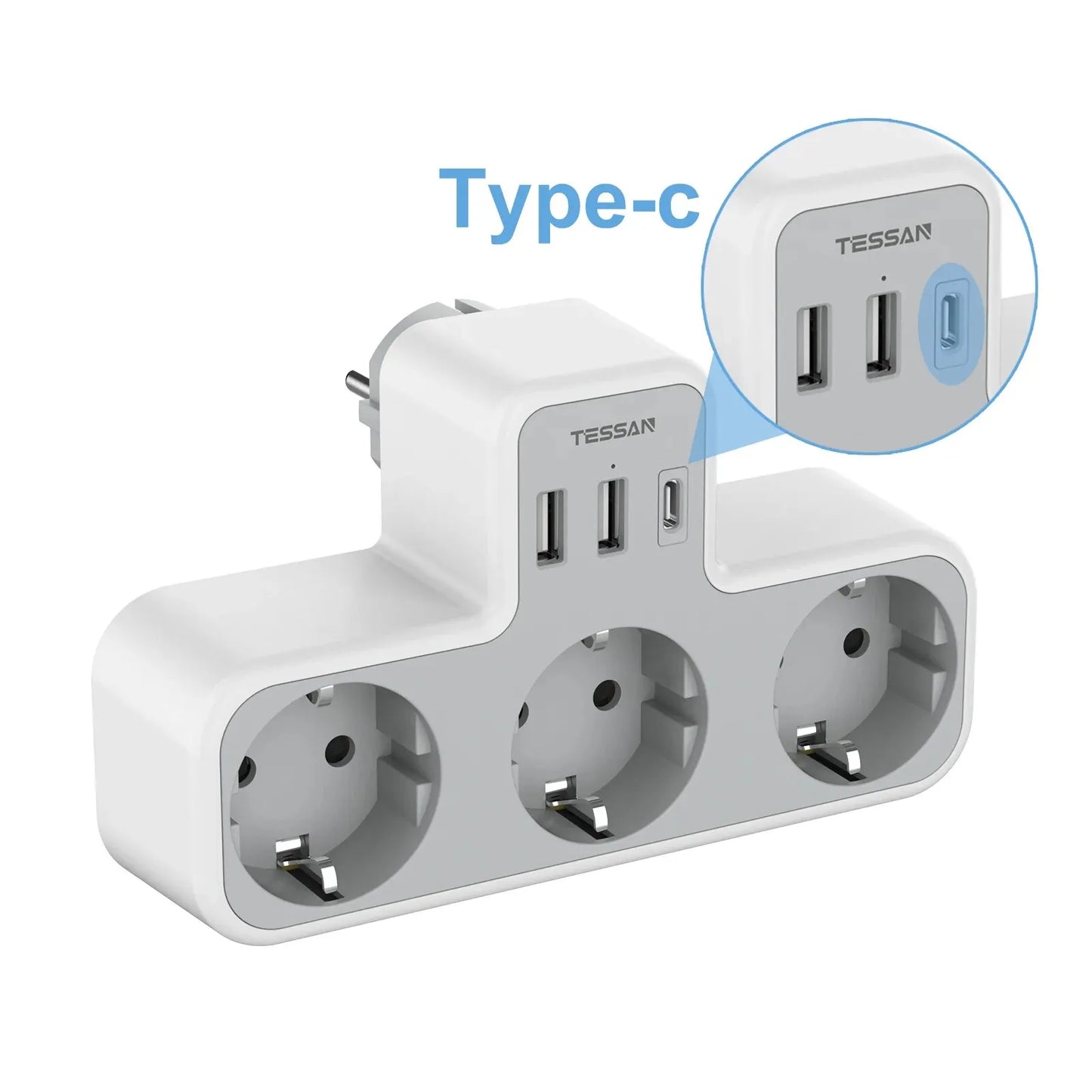 ESSAN EU Steckdosenleiste mit 3 Steckdosen + 3 USB-Ports – 6-in-1 Wandladeadapter mit Überlastschutz für Zuhause