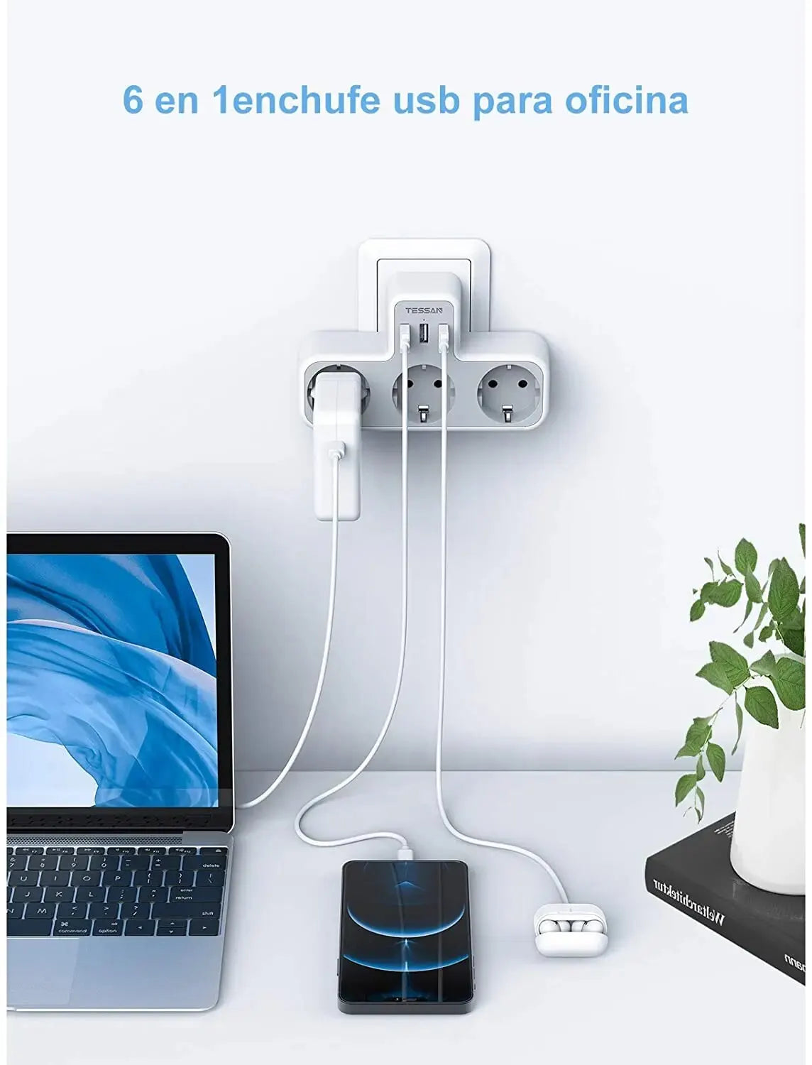 ESSAN EU Steckdosenleiste mit 3 Steckdosen + 3 USB-Ports – 6-in-1 Wandladeadapter mit Überlastschutz für Zuhause