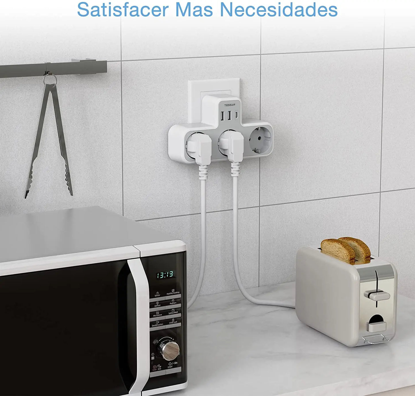 ESSAN EU Steckdosenleiste mit 3 Steckdosen + 3 USB-Ports – 6-in-1 Wandladeadapter mit Überlastschutz für Zuhause