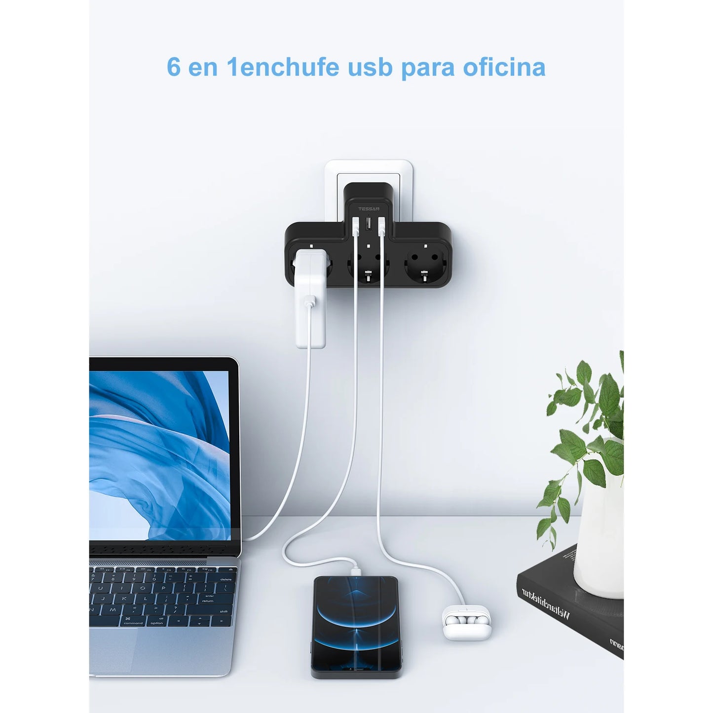 ESSAN EU Steckdosenleiste mit 3 Steckdosen + 3 USB-Ports – 6-in-1 Wandladeadapter mit Überlastschutz für Zuhause