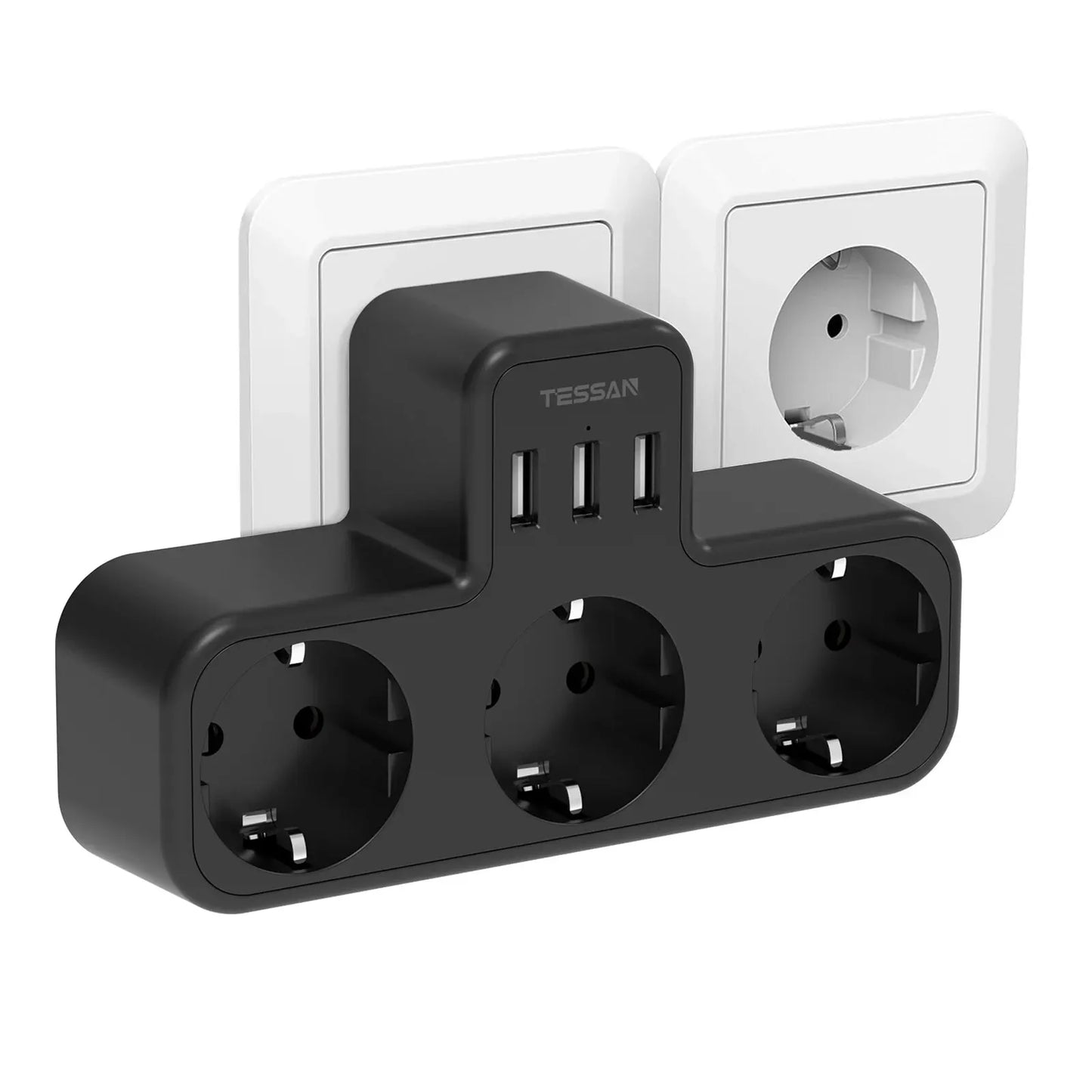 ESSAN EU Steckdosenleiste mit 3 Steckdosen + 3 USB-Ports – 6-in-1 Wandladeadapter mit Überlastschutz für Zuhause