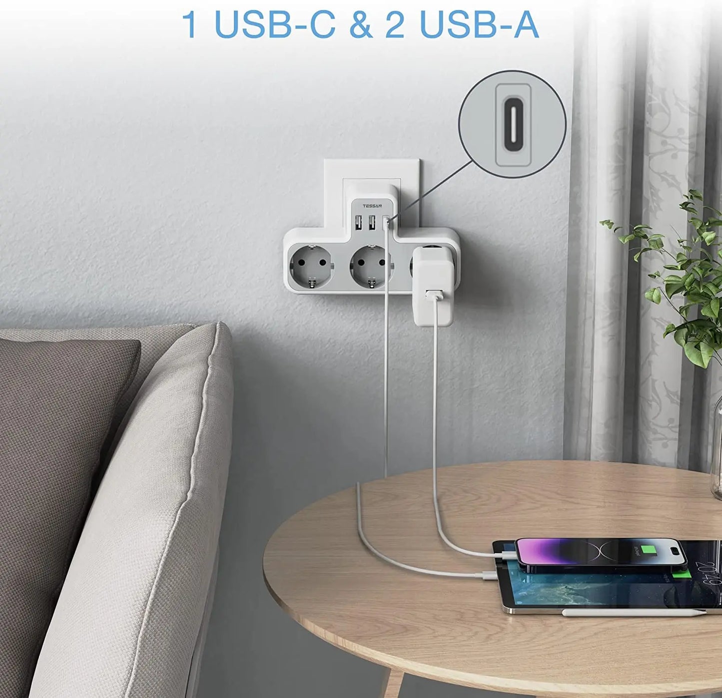 ESSAN EU Steckdosenleiste mit 3 Steckdosen + 3 USB-Ports – 6-in-1 Wandladeadapter mit Überlastschutz für Zuhause