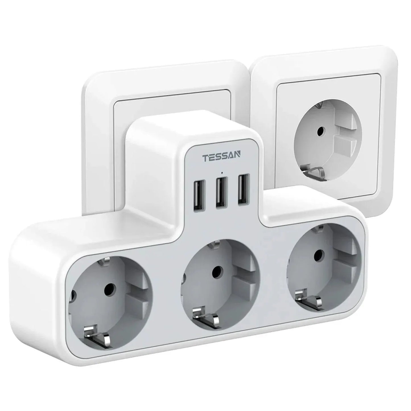 ESSAN EU Steckdosenleiste mit 3 Steckdosen + 3 USB-Ports – 6-in-1 Wandladeadapter mit Überlastschutz für Zuhause