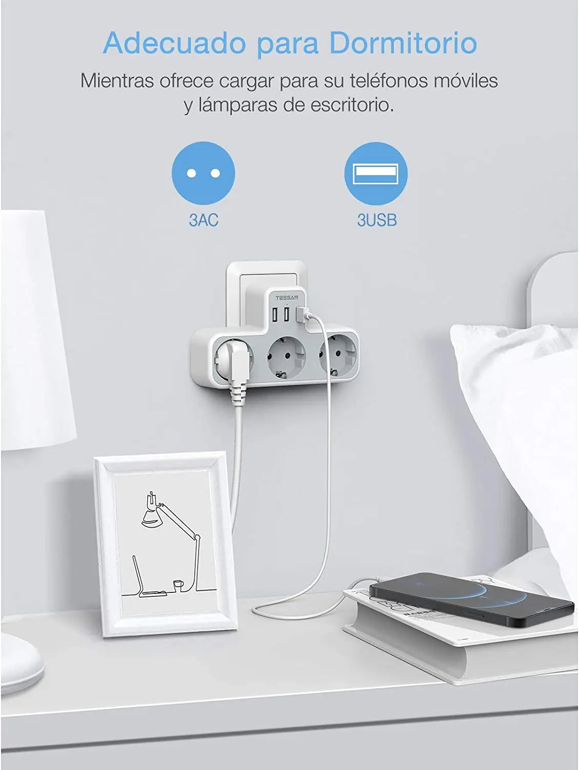 ESSAN EU Steckdosenleiste mit 3 Steckdosen + 3 USB-Ports – 6-in-1 Wandladeadapter mit Überlastschutz für Zuhause