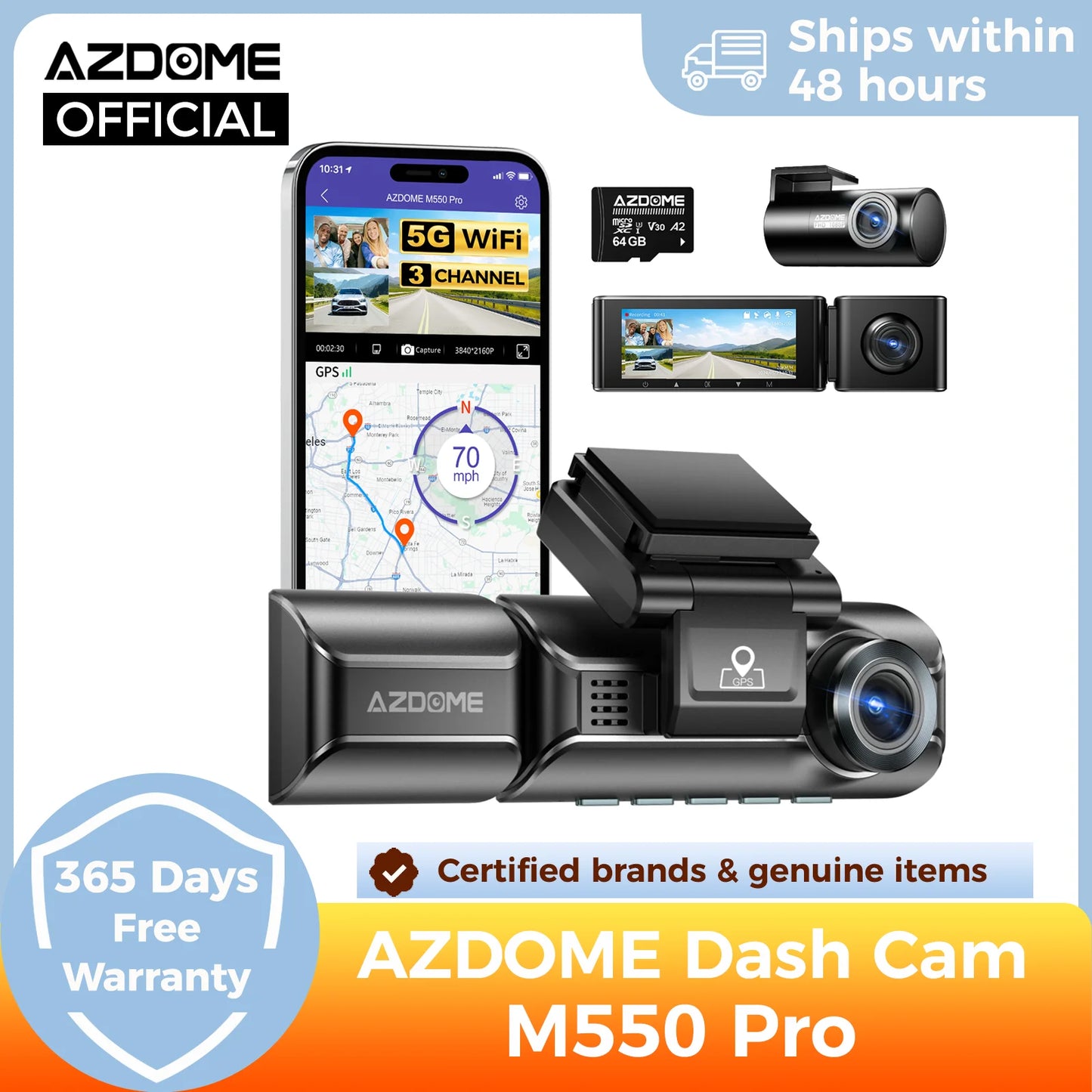 AZDOME 4K Dashcam 3-Kanal Autokamera mit GPS, WiFi, Nachtsicht & 64GB – Ultra-HD Autorekorder für Innenraum & Rückkamera