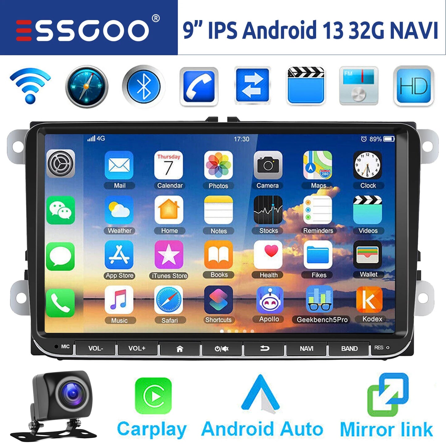 9" Android 14 4G+64G Wireless CarPlay Car Stereo GPS NAVI WIFI RDS FM BT EQ Passend für VW Golf 5/6, Passat, Polo, Touran, Tiguan, Caddy, EOS