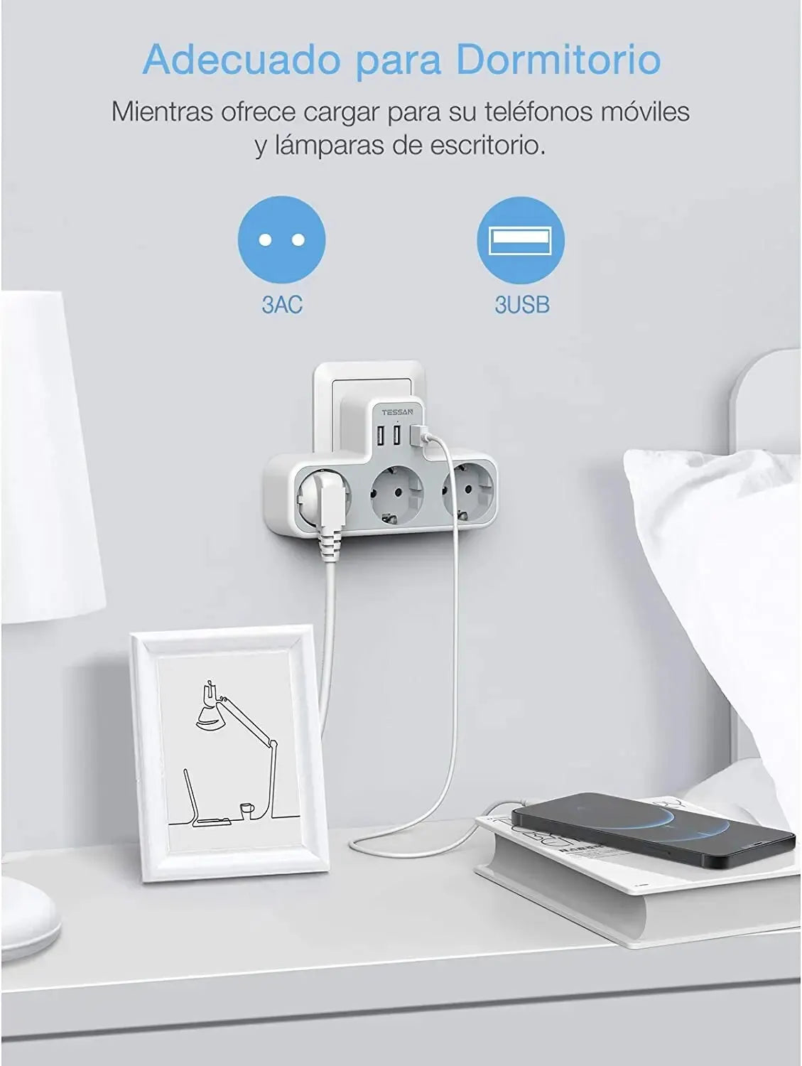 ESSAN EU Steckdosenleiste mit 3 Steckdosen + 3 USB-Ports – 6-in-1 Wandladeadapter mit Überlastschutz für Zuhause