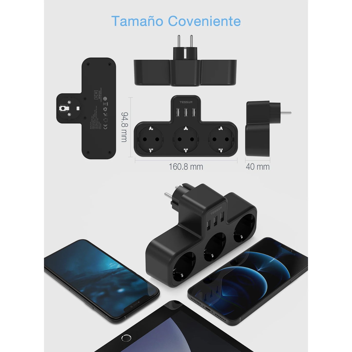 ESSAN EU Steckdosenleiste mit 3 Steckdosen + 3 USB-Ports – 6-in-1 Wandladeadapter mit Überlastschutz für Zuhause