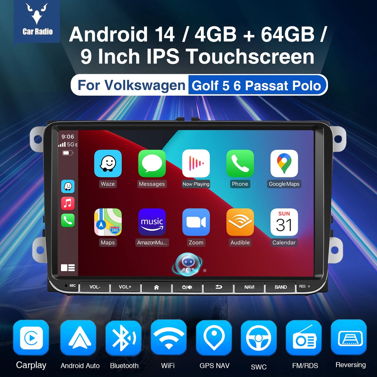 9" Android 14 4G+64G Wireless CarPlay Car Stereo GPS NAVI WIFI RDS FM BT EQ Passend für VW Golf 5/6, Passat, Polo, Touran, Tiguan, Caddy, EOS