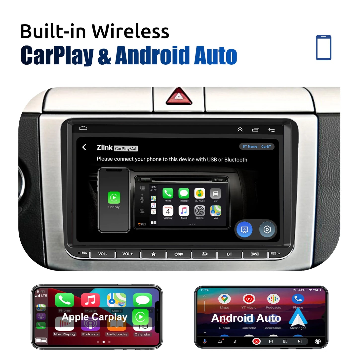 9" Android 14 4G+64G Wireless CarPlay Car Stereo GPS NAVI WIFI RDS FM BT EQ Passend für VW Golf 5/6, Passat, Polo, Touran, Tiguan, Caddy, EOS