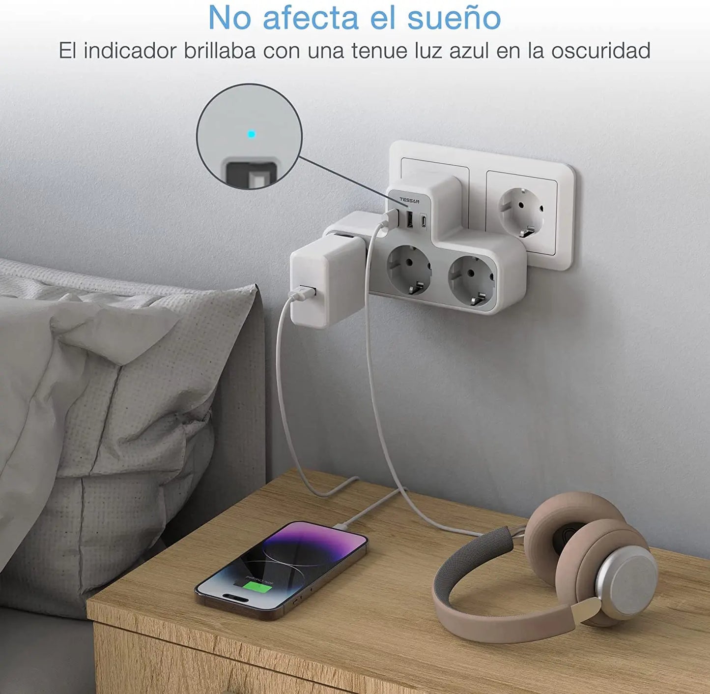 ESSAN EU Steckdosenleiste mit 3 Steckdosen + 3 USB-Ports – 6-in-1 Wandladeadapter mit Überlastschutz für Zuhause
