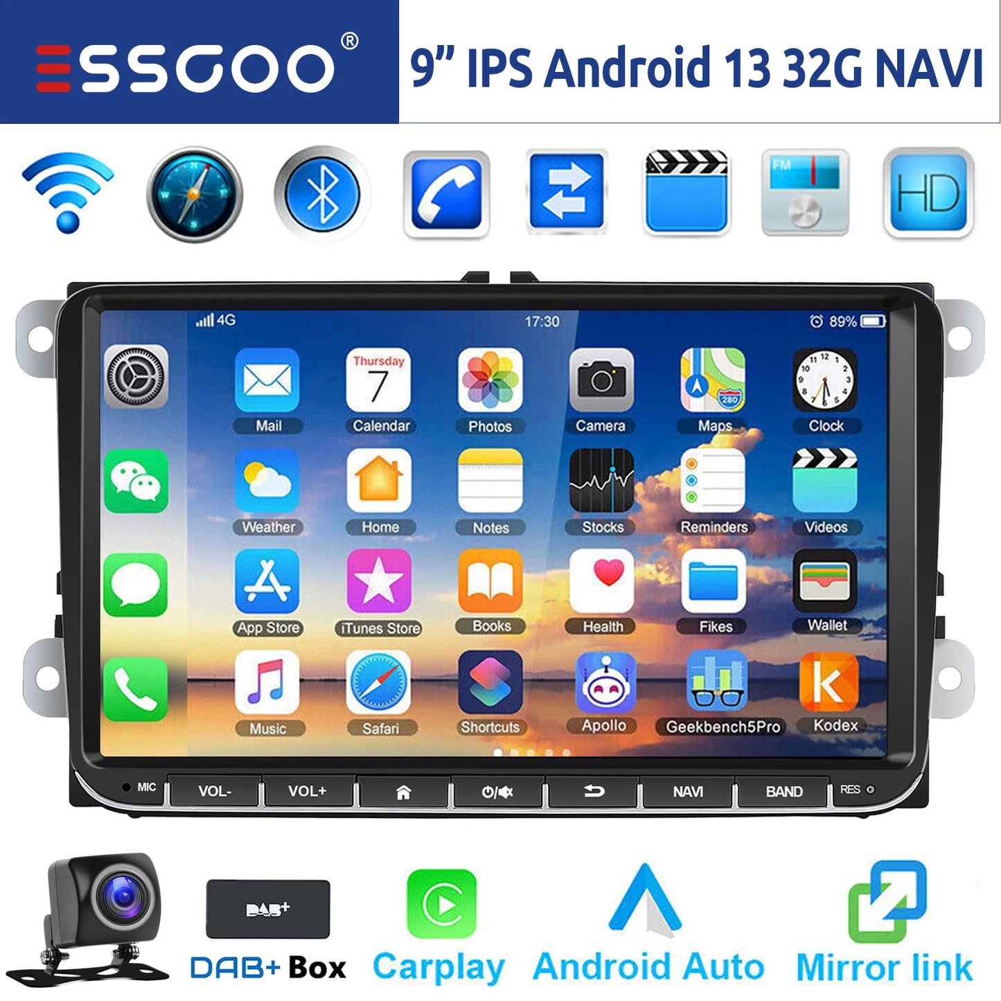 9" Android 14 4G+64G Wireless CarPlay Car Stereo GPS NAVI WIFI RDS FM BT EQ Passend für VW Golf 5/6, Passat, Polo, Touran, Tiguan, Caddy, EOS