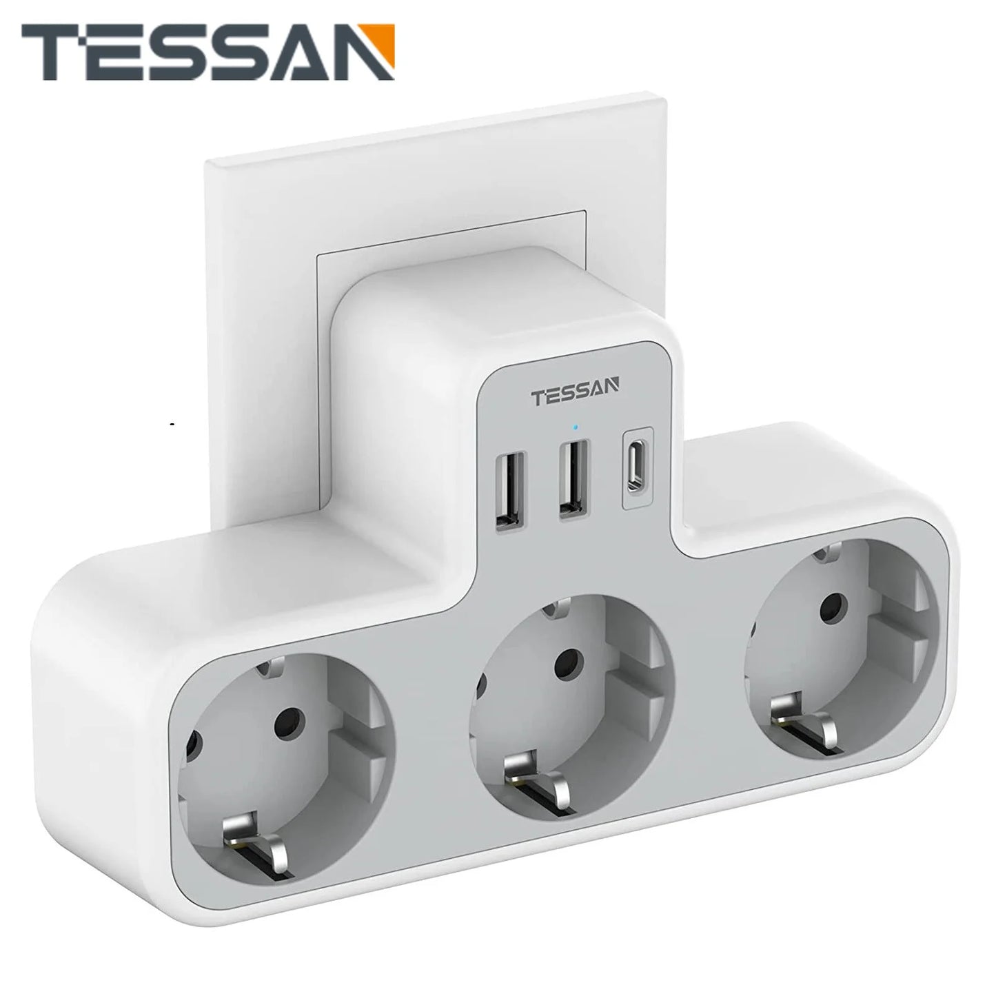 ESSAN EU Steckdosenleiste mit 3 Steckdosen + 3 USB-Ports – 6-in-1 Wandladeadapter mit Überlastschutz für Zuhause