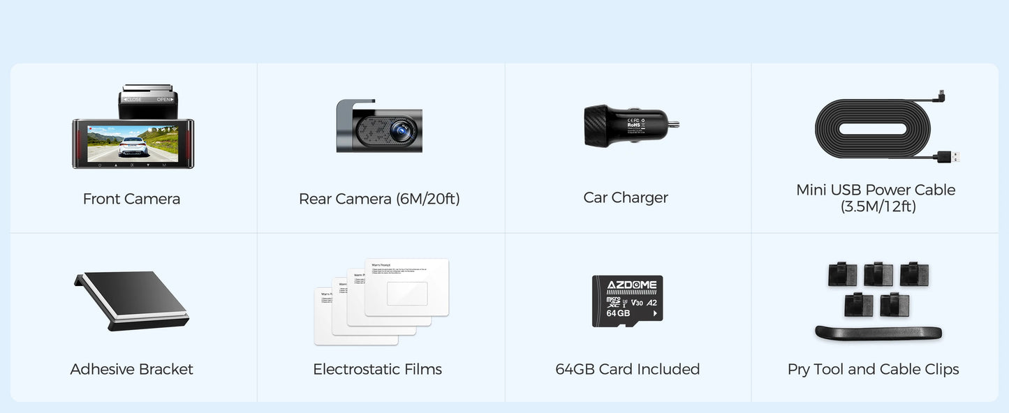 AZDOME 4K Dashcam 3-Kanal Autokamera mit GPS, WiFi, Nachtsicht & 64GB – Ultra-HD Autorekorder für Innenraum & Rückkamera