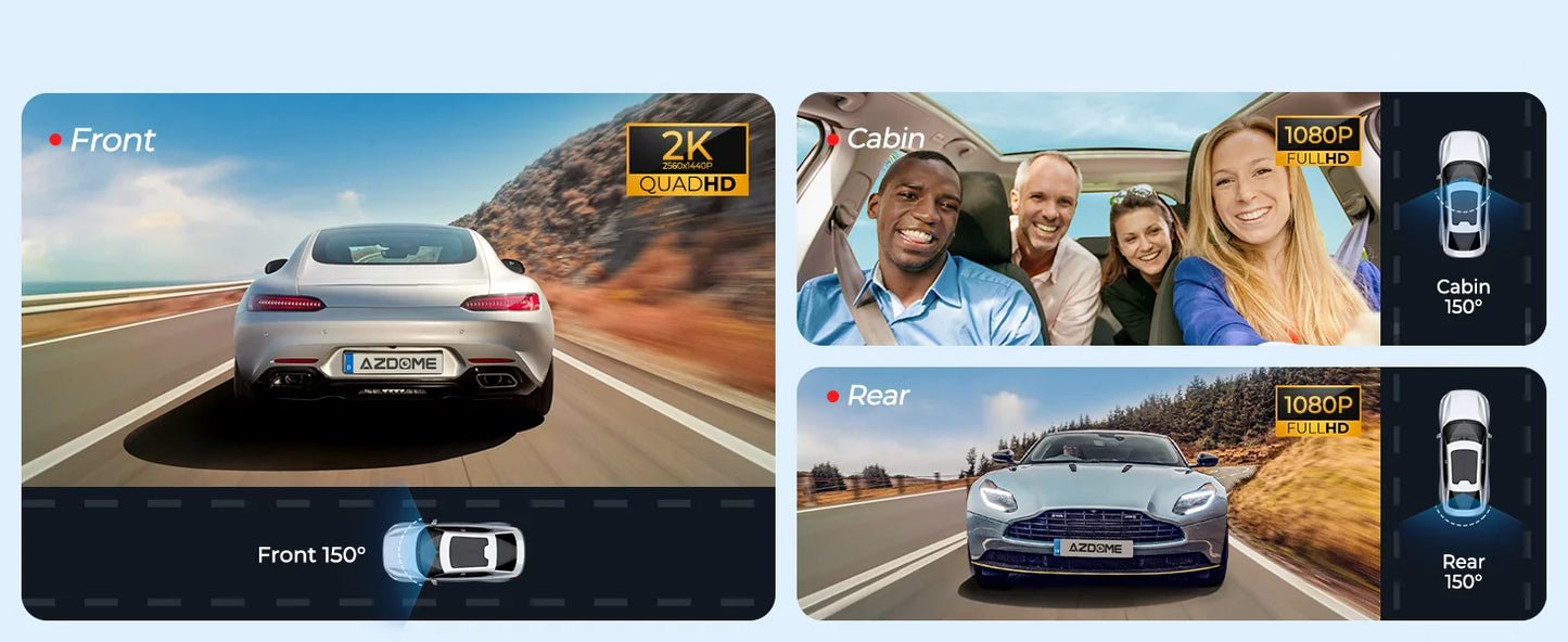 AZDOME 4K Dashcam 3-Kanal Autokamera mit GPS, WiFi, Nachtsicht & 64GB – Ultra-HD Autorekorder für Innenraum & Rückkamera