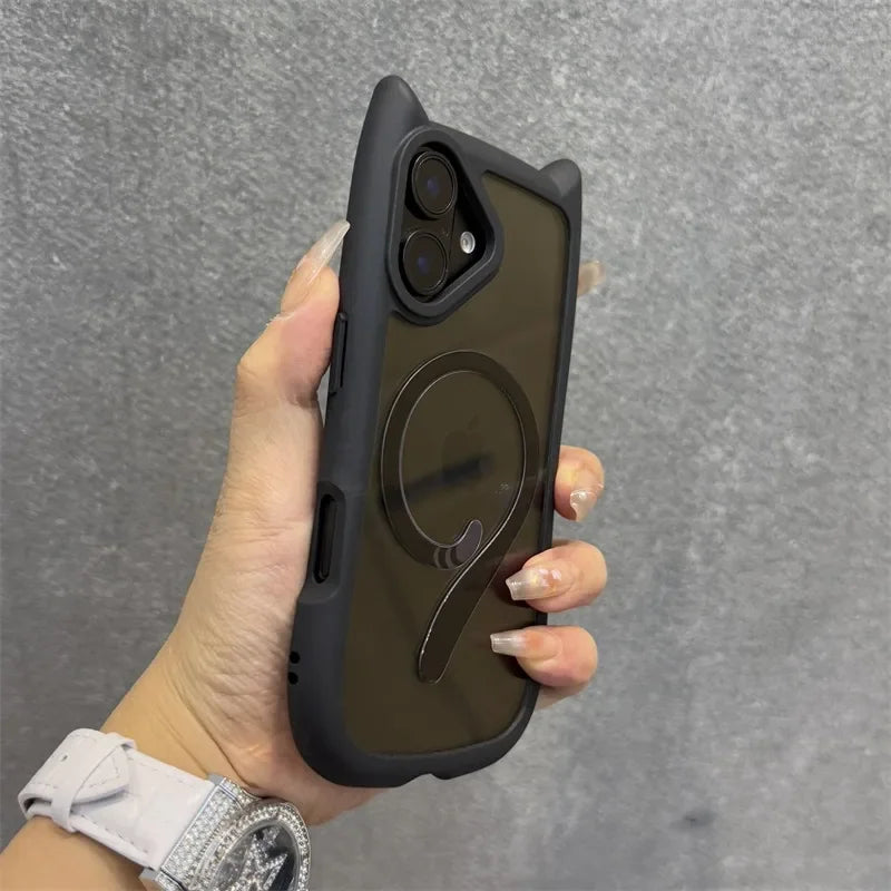 3D Niedliche Katzenohren MagSafe Hülle für iPhone 11, 12, 13, 14, 15, 16 Pro, Pro Max & Plus – Transparente PC Armor Schutzhülle mit Handgelenkband-Kette