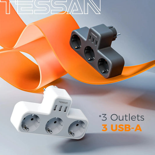 ESSAN EU Steckdosenleiste mit 3 Steckdosen + 3 USB-Ports – 6-in-1 Wandladeadapter mit Überlastschutz für Zuhause