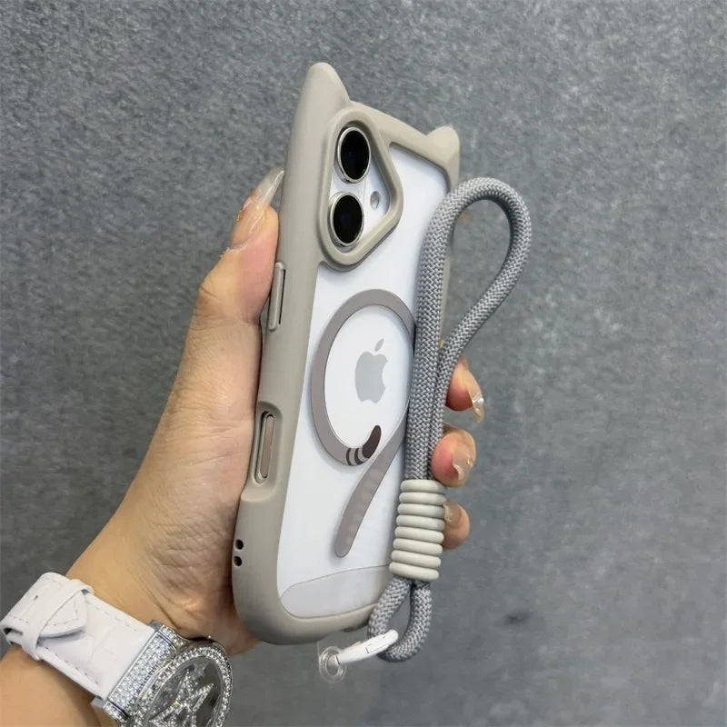 3D Niedliche Katzenohren MagSafe Hülle für iPhone 11, 12, 13, 14, 15, 16 Pro, Pro Max & Plus – Transparente PC Armor Schutzhülle mit Handgelenkband-Kette