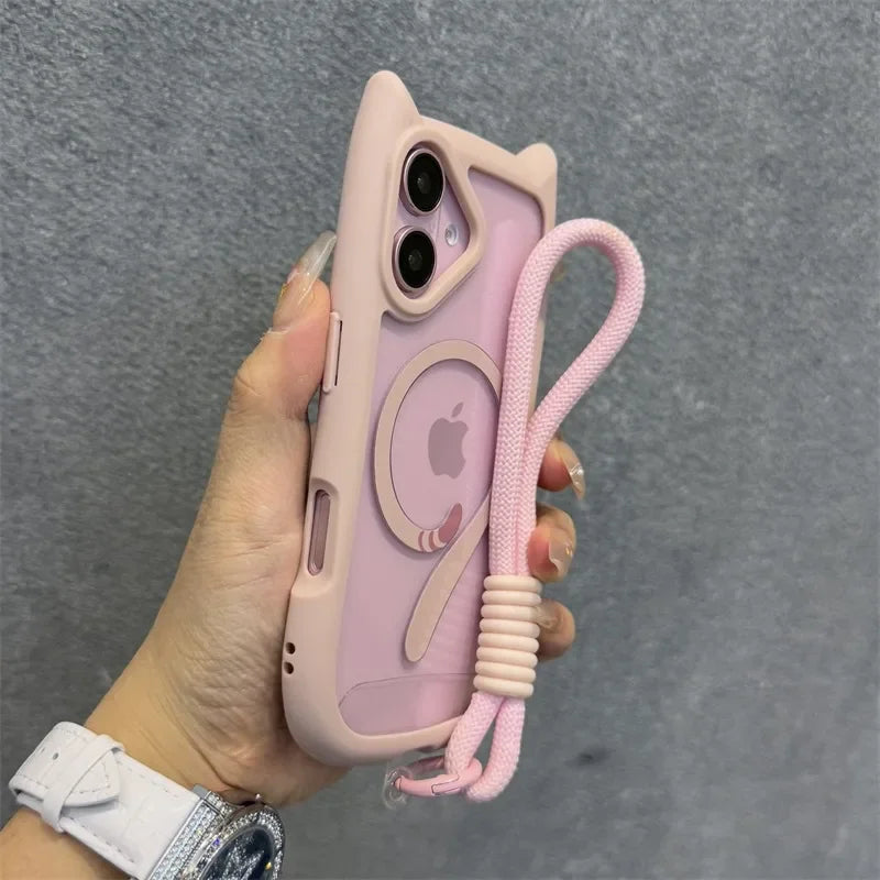 3D Niedliche Katzenohren MagSafe Hülle für iPhone 11, 12, 13, 14, 15, 16 Pro, Pro Max & Plus – Transparente PC Armor Schutzhülle mit Handgelenkband-Kette