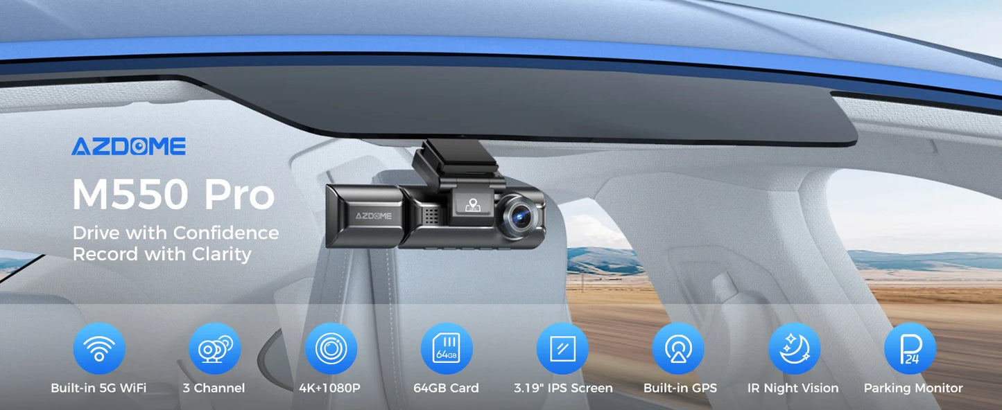 AZDOME 4K Dashcam 3-Kanal Autokamera mit GPS, WiFi, Nachtsicht & 64GB – Ultra-HD Autorekorder für Innenraum & Rückkamera