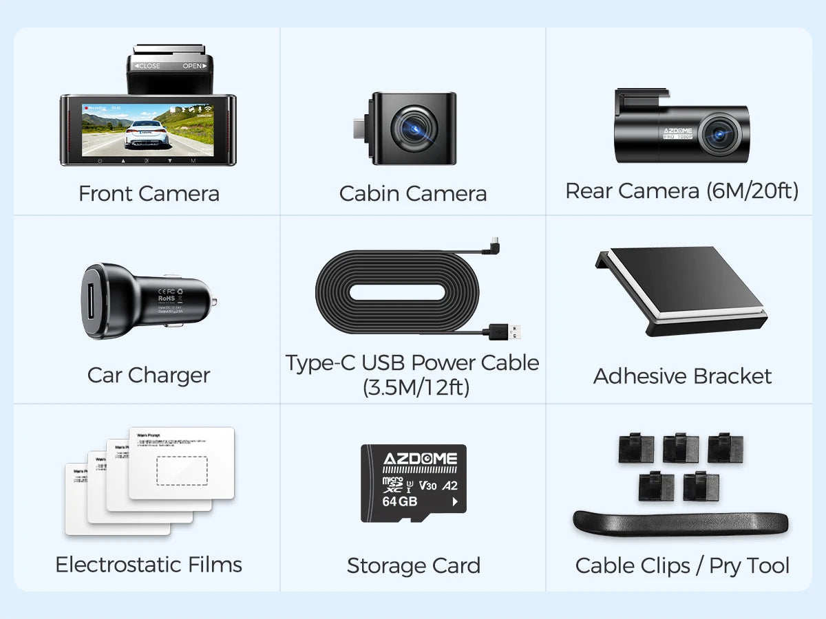 AZDOME 4K Dashcam 3-Kanal Autokamera mit GPS, WiFi, Nachtsicht & 64GB – Ultra-HD Autorekorder für Innenraum & Rückkamera
