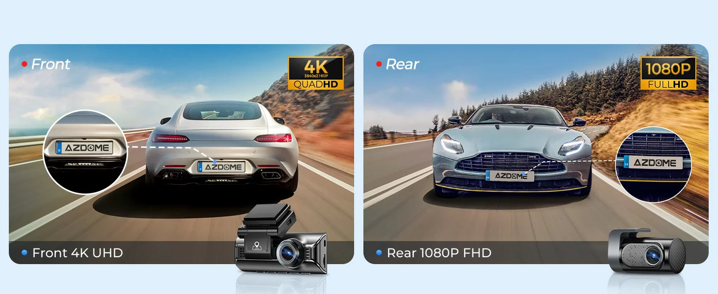 AZDOME 4K Dashcam 3-Kanal Autokamera mit GPS, WiFi, Nachtsicht & 64GB – Ultra-HD Autorekorder für Innenraum & Rückkamera