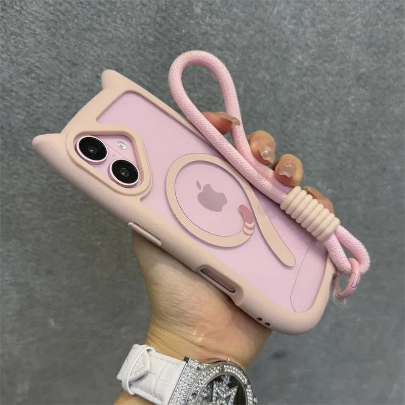 3D Niedliche Katzenohren MagSafe Hülle für iPhone 11, 12, 13, 14, 15, 16 Pro, Pro Max & Plus – Transparente PC Armor Schutzhülle mit Handgelenkband-Kette