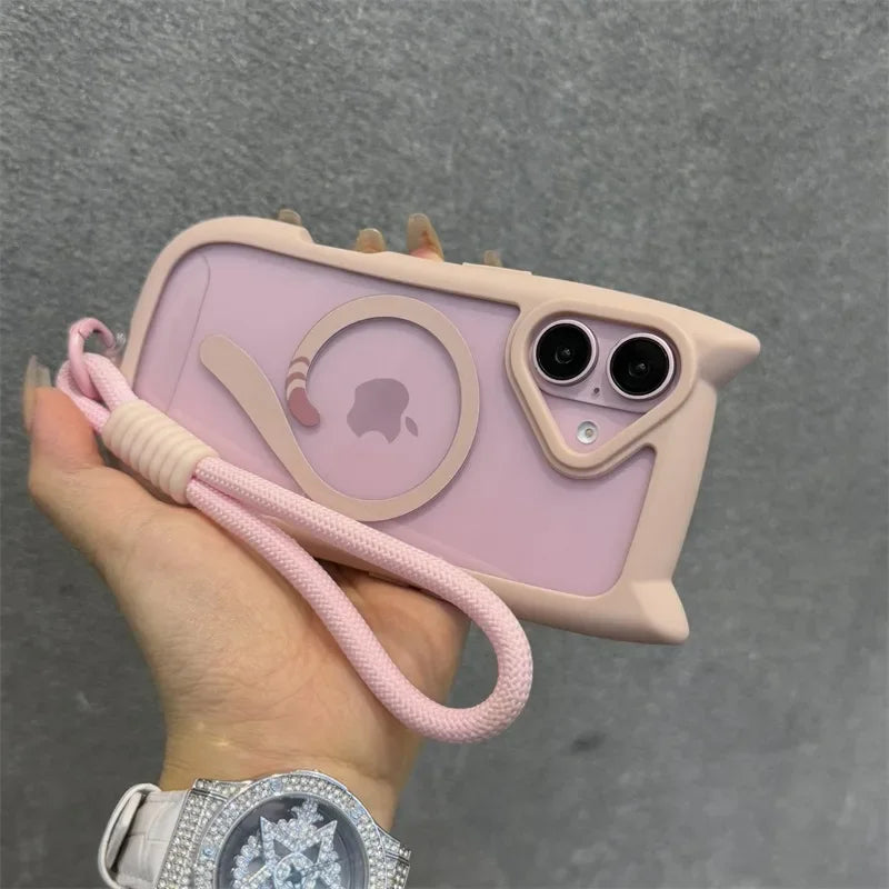 3D Niedliche Katzenohren MagSafe Hülle für iPhone 11, 12, 13, 14, 15, 16 Pro, Pro Max & Plus – Transparente PC Armor Schutzhülle mit Handgelenkband-Kette