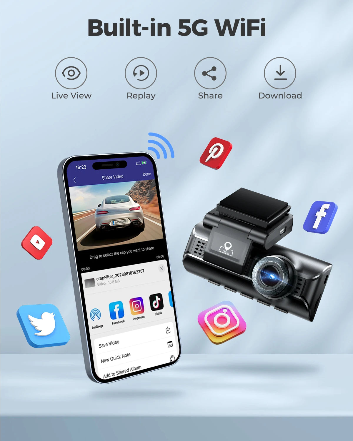 AZDOME 4K Dashcam 3-Kanal Autokamera mit GPS, WiFi, Nachtsicht & 64GB – Ultra-HD Autorekorder für Innenraum & Rückkamera
