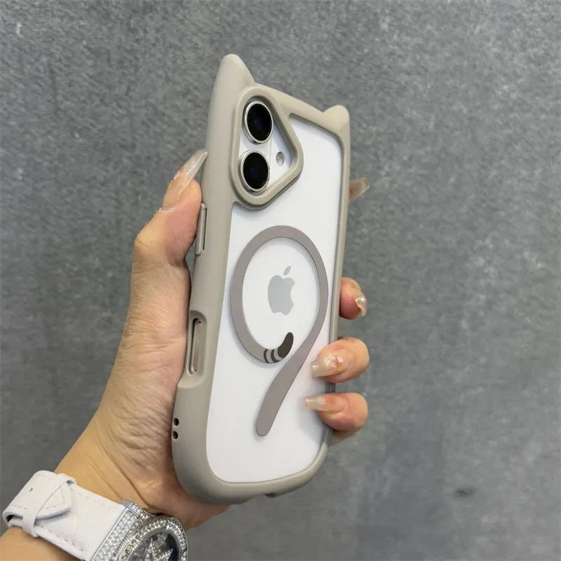 3D Niedliche Katzenohren MagSafe Hülle für iPhone 11, 12, 13, 14, 15, 16 Pro, Pro Max & Plus – Transparente PC Armor Schutzhülle mit Handgelenkband-Kette