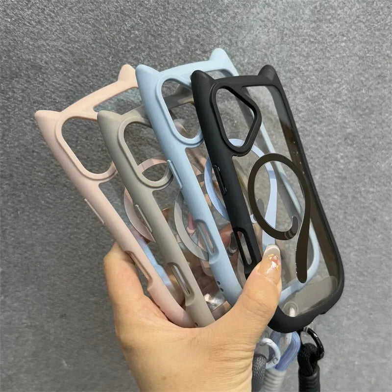 3D Niedliche Katzenohren MagSafe Hülle für iPhone 11, 12, 13, 14, 15, 16 Pro, Pro Max & Plus – Transparente PC Armor Schutzhülle mit Handgelenkband-Kette