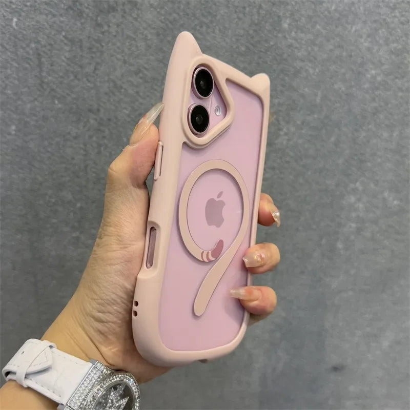 3D Niedliche Katzenohren MagSafe Hülle für iPhone 11, 12, 13, 14, 15, 16 Pro, Pro Max & Plus – Transparente PC Armor Schutzhülle mit Handgelenkband-Kette