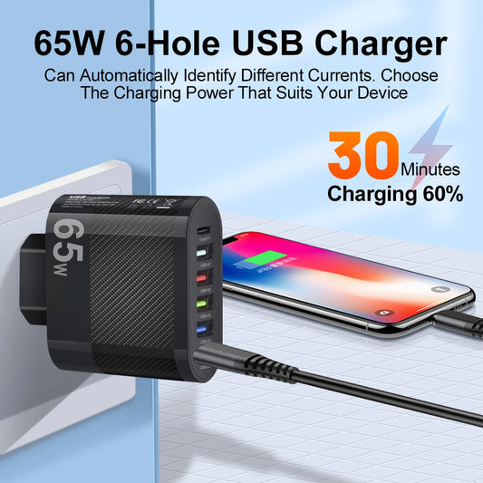 WALKESEN 65W USB Ladegerät mit 6 Anschlüssen – Schnellladegerät für Smartphones & mehr