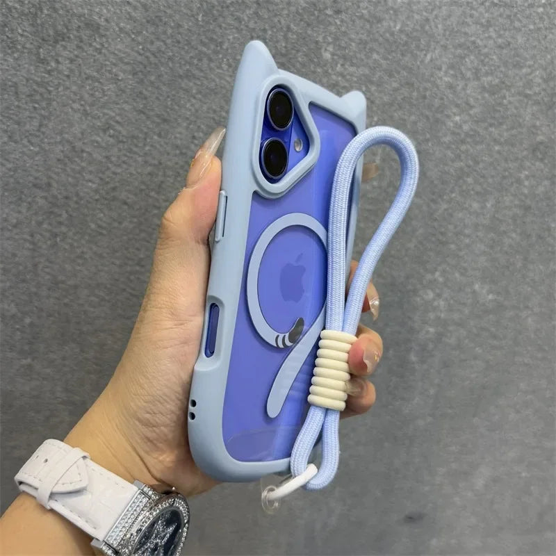 3D Niedliche Katzenohren MagSafe Hülle für iPhone 11, 12, 13, 14, 15, 16 Pro, Pro Max & Plus – Transparente PC Armor Schutzhülle mit Handgelenkband-Kette