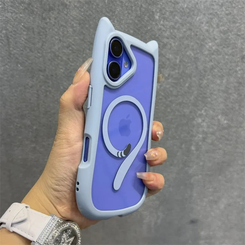 3D Niedliche Katzenohren MagSafe Hülle für iPhone 11, 12, 13, 14, 15, 16 Pro, Pro Max & Plus – Transparente PC Armor Schutzhülle mit Handgelenkband-Kette