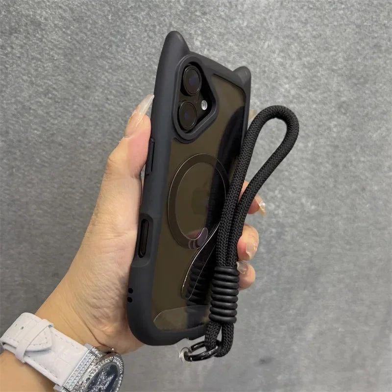 3D Niedliche Katzenohren MagSafe Hülle für iPhone 11, 12, 13, 14, 15, 16 Pro, Pro Max & Plus – Transparente PC Armor Schutzhülle mit Handgelenkband-Kette