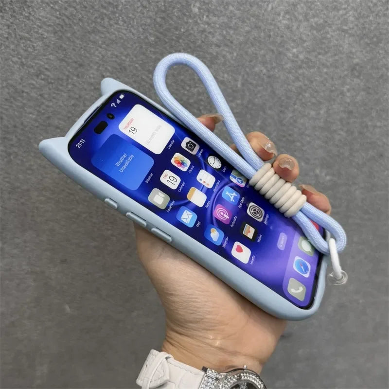 3D Niedliche Katzenohren MagSafe Hülle für iPhone 11, 12, 13, 14, 15, 16 Pro, Pro Max & Plus – Transparente PC Armor Schutzhülle mit Handgelenkband-Kette